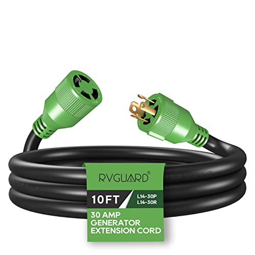 RVGUARD 4 Prong 30 Amp 10 Foot Generator Extension Cord, NEMA L14-30P/L14-30R, 125/250V Up to 7500W 10 Gauge SJTW Generator Cord, ETL Listed