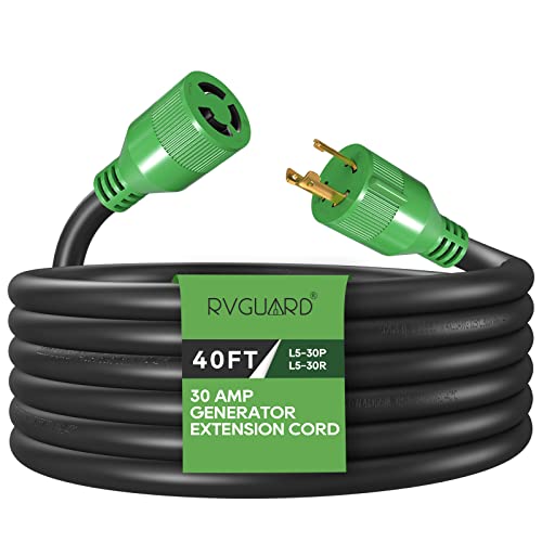 RVGUARD 3 Prong 30 Amp 40 Foot Generator Extension Cord, NEMA L5-30P/L5-30R 125V 10 Gauge SJTW Generator Power Cord with Cord Organizer, ETL Listed