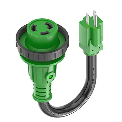 RVGUARD 30 Amp to 110 Volt RV Adapter Cord with Locking Connector 12 Inch, NEMA 5-15P to NEMA L5-30R Electrical Power Adapter with LED Power Indicator, Green, ETL Listed