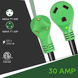 RVGUARD 30 Amp 15 Foot RV Extension Cord, Heavy Duty 10/3 Gauge STW Cord with LED Power Indicator and Cord Organizer, TT-30P/R Standard Plug, Green, ETL Listed