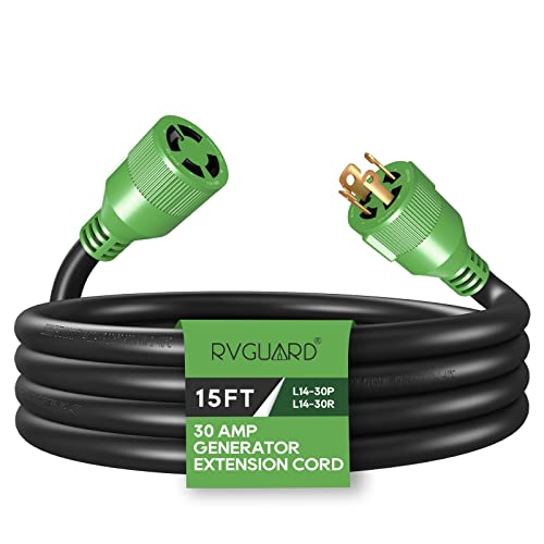 RVGUARD 4 Prong 30 Amp 15 Foot Generator Extension Cord, NEMA L14-30P/L14-30R, 125/250V Up to 7500W 10 Gauge SJTW Generator Cord, ETL Listed