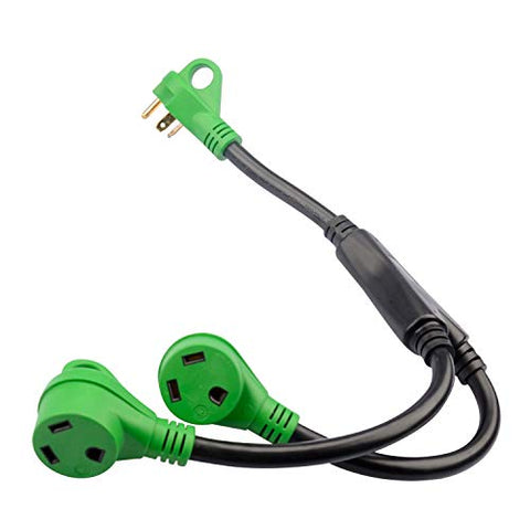 RVGUARD RV Y Adapter Cord with Handle 30 Amp TT-30 Male Plug to Two 30 Amp TT-30 Female, Green