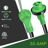 RVGUARD 30 Amp 25 Foot RV Power Extension Cord, Heavy Duty STW Cord with LED Power Indicator and Cord Organizer, 30 Amp Male Standard to 30 Amp Female Locking Connector, Green, ETL Listed