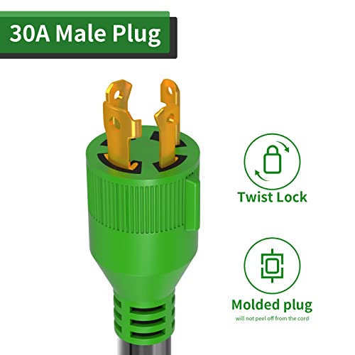 Load image into Gallery viewer, RVGUARD 4 Prong 30 Amp to 30 Amp RV Generator Adapter Cord 12 Inch, STW 10/3, L14-30P Locking Male Plug to TT-30R Female with LED Power Indicator, Green
