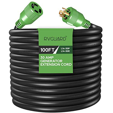 RVGUARD 4 Prong 30 Amp 100 Foot Generator Extension Cord, NEMA L14-30P/L14-30R, 125/250V Up to 7500W 10 Gauge SJTW Generator Cord with Cord Organizer, ETL Listed