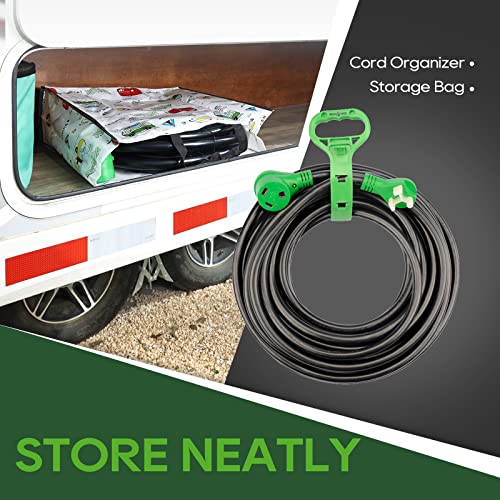 RVGUARD 30 Amp 100 Foot RV Extension Cord, Heavy Duty 10/3 Gauge STW Cord with LED Power Indicator and Cord Organizer, TT-30P/R Standard Plug, Green, ETL Listed