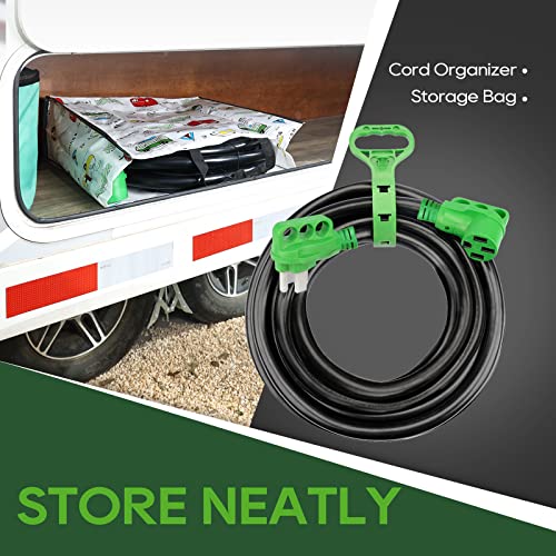 RVGUARD 50 Amp 50 Foot RV/EV Extension Cord, NEMA 14-50 Heavy Duty Extension Cord with LED Power Indicator and Cord Organizer, Green, ETL Listed