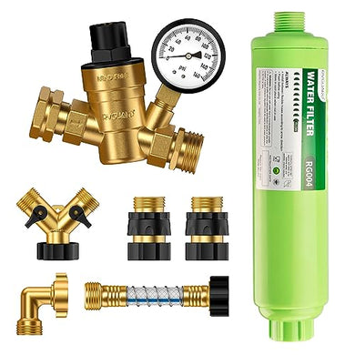 RVGUARD RV Water Pressure Regulator Kit, Inline Water Filter NSF Certified, Hose Splitter, Flexible Connector, Hose Quick Connect, Complete Kit for Fresh Water Hook Up