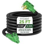 RVGUARD 50 Amp 25 Foot RV/EV Extension Cord, NEMA 14-50 Heavy Duty Extension Cord with LED Power Indicator and Cord Organizer, Green, ETL Listed