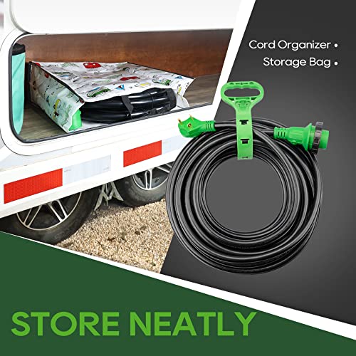 RVGUARD 30 Amp 50 Foot RV Power Extension Cord, Heavy Duty STW Cord with LED Power Indicator and Cord Organizer, 30 Amp Male Standard to 30 Amp Female Locking Connector, Green, ETL Listed