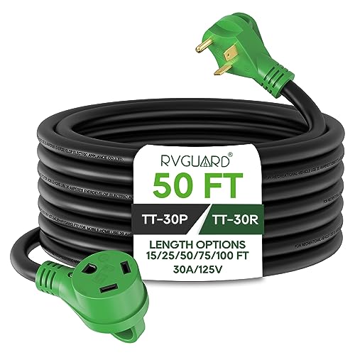 RVGUARD 30 Amp 50 Foot RV Extension Cord, Heavy Duty 10/3 Gauge STW Cord with LED Power Indicator and Cord Organizer, TT-30P/R Standard Plug, Green, ETL Listed