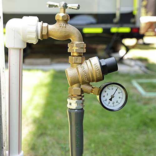 RVGUARD RV Water Pressure Regulator Valve, Brass Lead-Free Adjustable Water Pressure Reducer with Gauge and Inlet Screen Filter for RV Camper Travel Trailer