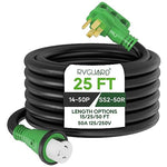 RVGUARD 50 Amp 25 Foot RV Power Cord, 14-50P to SS2-50R Generator Extension Cord, Heavy Duty STW Cord with LED Power Indicator and Cord Organizer, Green, ETL Listed