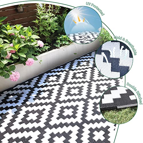 RVGUARD Outdoor Rugs, Reversible Patio Mat 9 x 12 ft, Waterproof Camping Rugs for Indoor/Outdoor, Patio, RV, Picnic, Beach, Backyard, Deck, Black & White