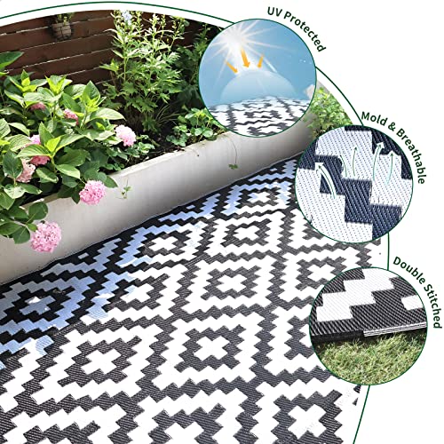 RVGUARD Outdoor Rugs, Reversible Patio Mat 9 x 18 ft, Waterproof Camping Rugs for Indoor/Outdoor, Patio, RV, Picnic, Beach, Backyard, Deck, Black & White