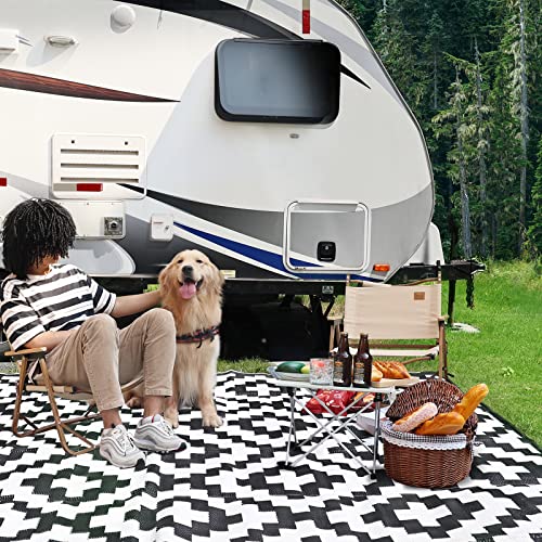 Load image into Gallery viewer, RVGUARD Outdoor Rugs, Reversible Patio Mat 9 x 18 ft, Waterproof Camping Rugs for Indoor/Outdoor, Patio, RV, Picnic, Beach, Backyard, Deck, Black &amp; White
