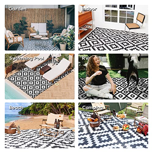 Load image into Gallery viewer, RVGUARD Outdoor Rugs, Reversible Patio Mat 9 x 12 ft, Waterproof Camping Rugs for Indoor/Outdoor, Patio, RV, Picnic, Beach, Backyard, Deck, Black &amp; White
