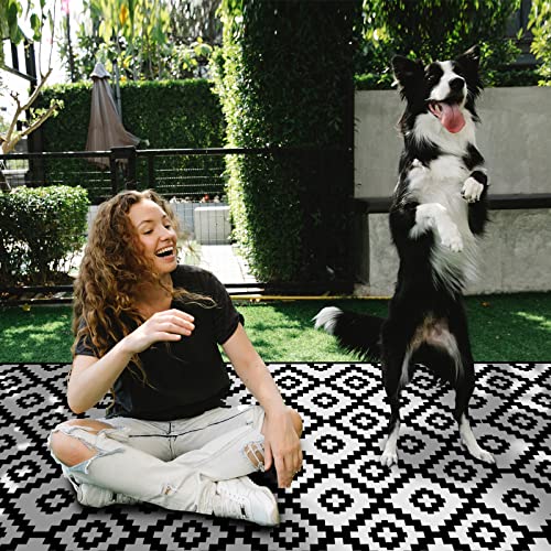 RVGUARD Outdoor Rugs, Reversible Patio Mat 6 x 9 Feet, Waterproof Camping Rugs for Indoor/Outdoor, Patio, RV, Picnic, Beach, Backyard, Deck, Black & White